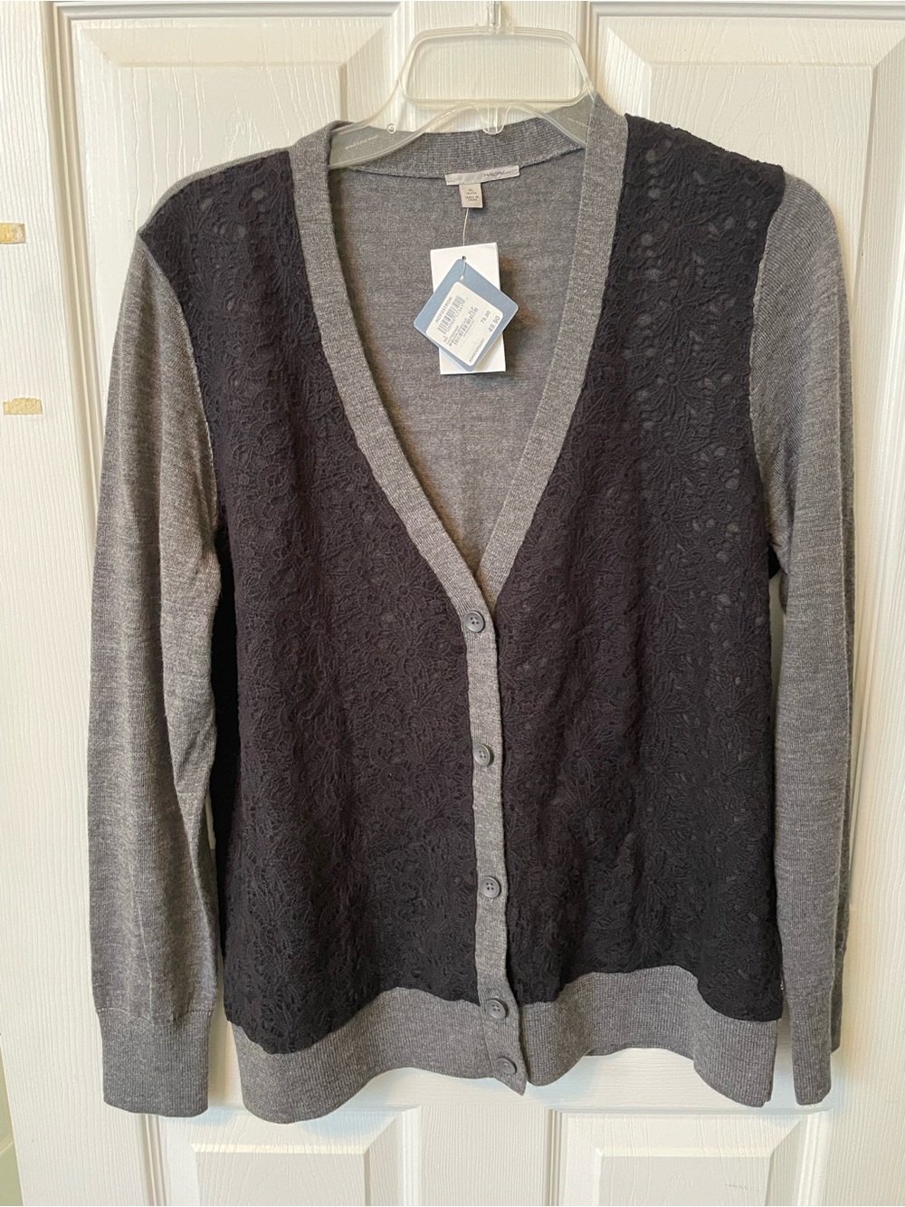 Gray and Black Lace Front Cardigan Sweater - halogen merino wool. NWT xl